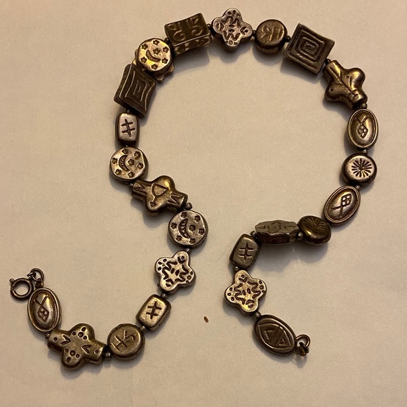 VTG Artisan Made Silver Clay Reversible Charm Collar Necklace 15” Sterling Ring